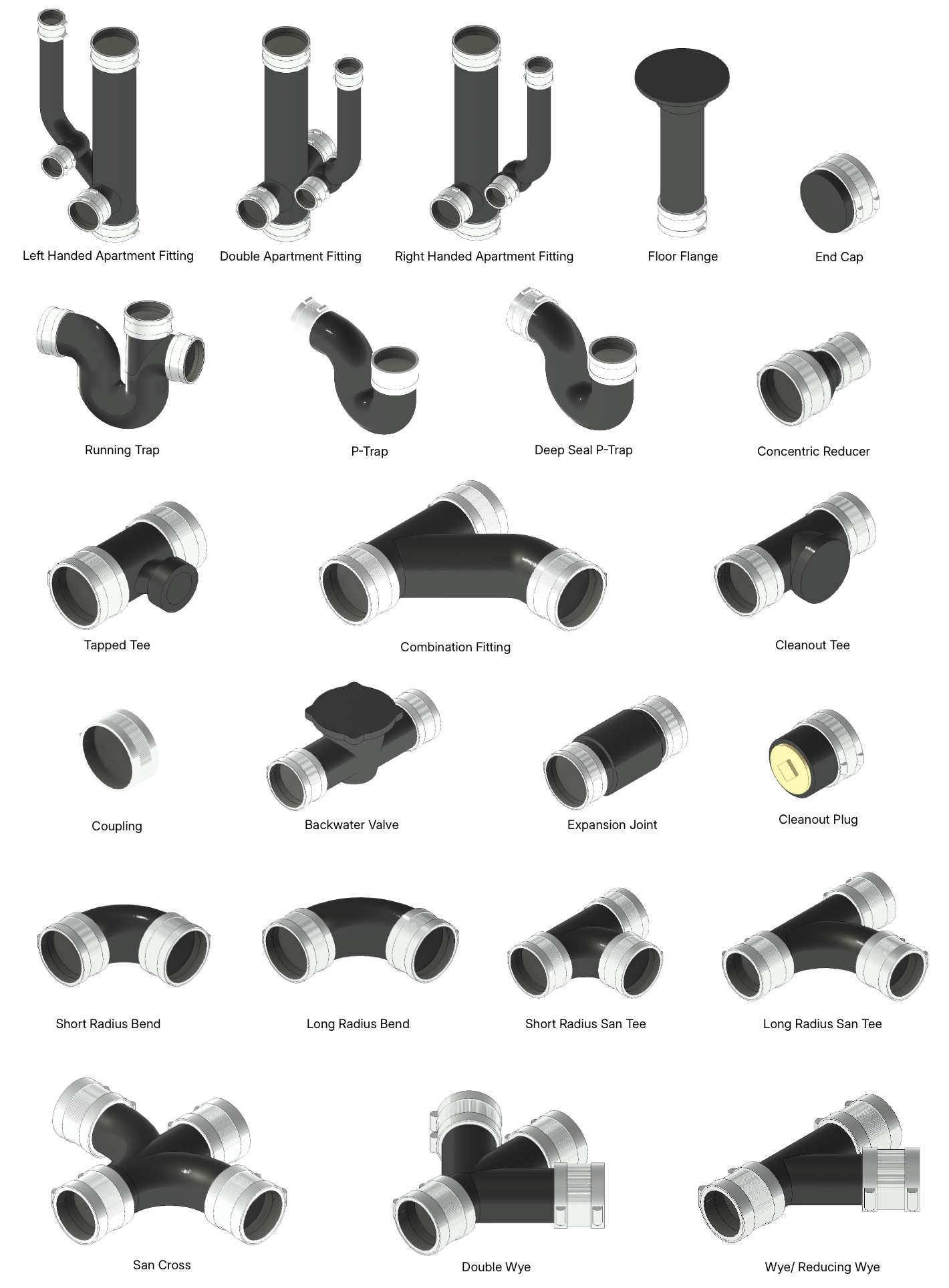 Table of The PSA collection featuring their entire range of fittings.